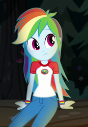 Size: 522x756 | Tagged: safe, imported from derpibooru, screencap, rainbow dash, equestria girls, legend of everfree, camp everfree outfits, clothes, cropped, cute, dashabetes, female, frown, solo, wristband