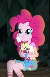 Size: 564x858 | Tagged: safe, imported from derpibooru, screencap, pinkie pie, equestria girls, legend of everfree, camp everfree outfits, candy, clothes, cropped, cutie mark, cutie mark on clothes, eating, food, marshmallow, shorts, solo, toasted marshmallow