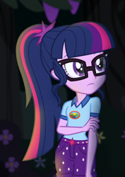 Size: 602x850 | Tagged: safe, imported from derpibooru, screencap, sci-twi, twilight sparkle, equestria girls, legend of everfree, camp everfree outfits, clothes, cropped, cutie mark, cutie mark on clothes, solo