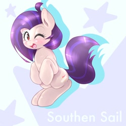 Size: 1536x1536 | Tagged: safe, artist:kurogewapony, imported from derpibooru, oc, oc only, oc:southern sail, earth pony, pony, blushing, female, haunches, looking at you, mare, one eye closed, smiling, solo, wink