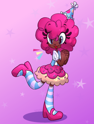 Size: 800x1050 | Tagged: safe, artist:ypuos, imported from derpibooru, pinkie pie, human, clothes, cute, dark skin, diapinkes, female, hat, high heels, humanized, open mouth, party hat, shirt, shoes, skirt, socks, solo, stars, striped socks, t-shirt, vest