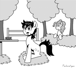 Size: 900x800 | Tagged: safe, artist:machacapigeon, pinkie pie, star dancer, earth pony, pony, my little pony: the manga, bush, duo, female, food, mare, monochrome, open mouth, sandwich, signature, tree