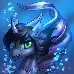 Size: 2000x2000 | Tagged: safe, artist:jedayskayvoker, imported from derpibooru, pony, siren, bubble, bust, commission, curved horn, fangs, fins, horn, kellin quinn, looking at you, male, ponified, request, scales, signature, sleeping with sirens, slit eyes, slit pupils, solo, underwater