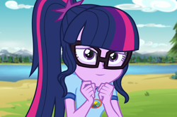 Size: 1622x1080 | Tagged: safe, edit, edited screencap, editor:mycarhasamoustache, imported from derpibooru, screencap, sci-twi, twilight sparkle, equestria girls, legend of everfree, camp everfree outfits, cropped, cute, looking at you, smile edit, smiling at you, solo, twiabetes