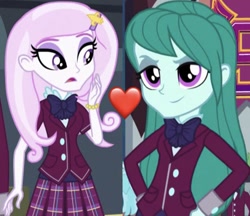 Size: 711x614 | Tagged: safe, imported from derpibooru, screencap, cold forecast, fleur-de-lis, equestria girls, friendship games, background human, bowtie, clothes, crystal prep academy uniform, female, fleurcast, fleurforecast, heart, school uniform, shipping, shipping domino