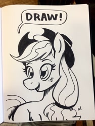Size: 1536x2048 | Tagged: safe, artist:docwario, imported from derpibooru, applejack, earth pony, pony, applejack's hat, cowboy hat, drawing, hat, jacktober, monochrome, open mouth, pun, quick draw, solo, speech bubble, traditional art