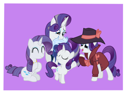 Size: 2726x2022 | Tagged: safe, artist:squipycheetah, imported from derpibooru, part of a set, rarity, pony, unicorn, rarity investigates, the last problem, bow, clapping, clothes, commonity, cute, detective rarity, element of generosity, eyes closed, female, filly, filly rarity, happy, happy birthday mlp:fim, hat, looking down, mare, mlp fim's tenth anniversary, multeity, older, older rarity, purple background, raised hoof, self ponidox, simple background, sitting, smiling, time paradox, trenchcoat, younger