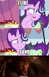 Size: 500x775 | Tagged: safe, edit, edited screencap, imported from derpibooru, screencap, starlight glimmer, unicorn, rock solid friendship, anakin skywalker, darth vader, exploitable meme, meme, prequel meme, revenge of the sith, sand, star wars, star wars: revenge of the sith, starlight's confessions, this will end in death, this will end in tears, this will end in tears and/or death