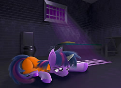 Size: 2160x1560 | Tagged: safe, artist:spellboundcanvas, imported from derpibooru, twilight sparkle, pony, unicorn, bad end, bed, clothes, horn, horn cap, jumpsuit, magic suppression, prison, prison outfit, prisoner, prisoner ts, sad, solo, toilet, unicorn twilight