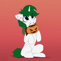 Size: 1280x1280 | Tagged: safe, artist:airfly-pony, imported from derpibooru, oc, oc only, oc:zenith night, pony, unicorn, begging, candy, commission, cute, ear piercing, earring, food, halloween, happy, holiday, horn, jewelry, male, mouth hold, piercing, pumpkin bucket, sitting, stallion, unicorn oc, ych result