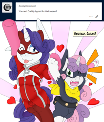 Size: 2341x2750 | Tagged: safe, artist:blackbewhite2k7, imported from derpibooru, rarity, sweetie belle, ann takamaki, ask, clothes, cosplay, costume, crossover, halloween, halloween costume, holiday, morgana, panther (persona), parody, persona 5