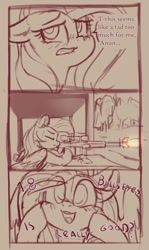 Size: 774x1302 | Tagged: safe, artist:yoditax, imported from derpibooru, fluttershy, pegasus, pony, badass, bait and switch, comic, dialogue, female, flutterbadass, gun, implied anon, looking at you, mare, monochrome, shooting range, solo, weapon