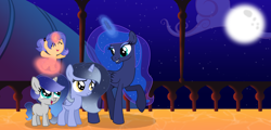 Size: 5368x2568 | Tagged: safe, artist:stellamoonshine, artist:stellamoonshineyt, imported from derpibooru, princess luna, oc, oc:comet flare, oc:luminous moon, oc:stella moonshine, pony, 5-year-old, baby, baby pony, female, filly, magic, moon, offspring, parent:flash sentry, parent:princess luna, parent:stygian, parent:sunset shimmer, parents:flashimmer, parents:styuna