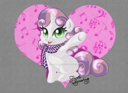 Size: 900x654 | Tagged: safe, artist:nemoturunen, imported from derpibooru, sweetie belle, pony, unicorn, clothes, deviantart watermark, female, filly, heart, looking at you, obtrusive watermark, open mouth, scarf, sitting, solo, watermark