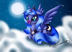 Size: 1024x745 | Tagged: safe, artist:nemoturunen, imported from derpibooru, princess luna, alicorn, butterfly, pony, cloud, cute, deviantart watermark, female, full moon, lunabetes, lying down, mare, moon, night, obtrusive watermark, prone, s1 luna, shooting star, solo, watermark