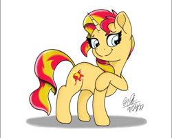 Size: 750x600 | Tagged: safe, artist:orcinuspony, imported from derpibooru, sunset shimmer, pony, unicorn, female, mare, raised hoof, simple background, smiling, solo, white background