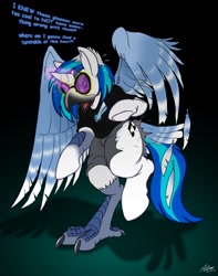 Size: 1010x1280 | Tagged: safe, artist:catmonkshiro, imported from derpibooru, dj pon-3, vinyl scratch, oc, anthro, avian, pony, unicorn, beak, character to character, clothes, digital art, furry, furry oc, furry to pony, glasses, hooves, horn, male to female, non-mlp oc, open mouth, ripping clothes, rule 63, solo, tail, text, transformation, transgender transformation, wings