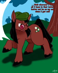 Size: 1010x1280 | Tagged: safe, artist:catmonkshiro, imported from derpibooru, oc, oc only, oc:daisychain, earth pony, pony, angry, bedroom eyes, cutie mark, digital art, female, glasses, hat, hooves, mare, open mouth, solo, tail, text, transformation, tree