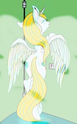 Size: 807x1291 | Tagged: artist needed, safe, imported from derpibooru, oc, oc only, oc:sweetie shy, alicorn, pony, alicorn oc, eyes closed, horn, pony oc, shower, smiling, spread wings, standing, wings