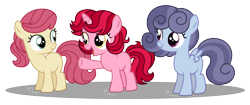 Size: 2015x850 | Tagged: safe, artist:strawberry-spritz, imported from derpibooru, oc, oc only, oc:cherry bomb, oc:morning mist, oc:peach fuzz, earth pony, pegasus, pony, unicorn, base used, female, filly, magical gay spawn, magical lesbian spawn, offspring, parent swap au, parent:bright mac, parent:cookie crumbles, parent:gentle breeze, parent:oc, parent:windy whistles, parents:brightbreeze, parents:oc x oc, parents:windycookie, simple background, transparent background, vector