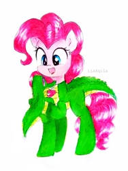 Size: 2194x2925 | Tagged: safe, artist:liaaqila, imported from derpibooru, gummy, pinkie pie, alligator, earth pony, pony, animal costume, clothes, costume, cute, diapinkes, pet, simple background, solo, traditional art, white background