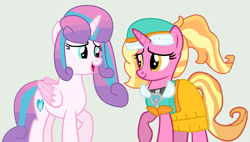 Size: 1307x740 | Tagged: safe, artist:jadeharmony, artist:jadethepegasus, imported from derpibooru, luster dawn, princess flurry heart, pony, unicorn, series:sprglitemplight diary, series:sprglitemplight life jacket days, series:springshadowdrops diary, series:springshadowdrops life jacket days, alternate universe, everest (paw patrol), female, flurrydawn, gray background, i can't believe it's not 徐詩珮, lesbian, mare, older, older flurry heart, paw patrol, shipping, simple background