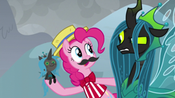 Size: 1920x1080 | Tagged: safe, imported from derpibooru, screencap, pinkie pie, queen chrysalis, changeling, changeling queen, earth pony, pony, the ending of the end, chrysalis plushie, doll, fake moustache, female, mare, toy, ultimate chrysalis