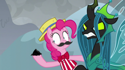 Size: 1920x1080 | Tagged: safe, imported from derpibooru, screencap, pinkie pie, queen chrysalis, changeling, changeling queen, earth pony, pony, the ending of the end, angry, ash, fake moustache, female, mare, ultimate chrysalis