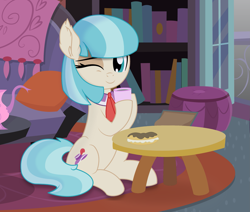 Size: 2313x1959 | Tagged: safe, artist:cyanlightning, artist:mlp-silver-quill, artist:slb94, edit, imported from derpibooru, vector edit, coco pommel, earth pony, pony, cocobetes, coffee cup, cup, cute, eclair, female, food, mare, one eye closed, sitting, smiling at you, solo, vector, wink