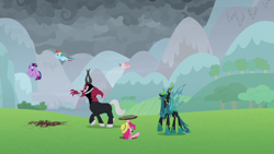 Size: 1920x1080 | Tagged: safe, imported from derpibooru, screencap, cozy glow, lord tirek, pinkie pie, queen chrysalis, rainbow dash, twilight sparkle, alicorn, centaur, changeling, changeling queen, earth pony, pegasus, pony, the ending of the end, alicornified, bracer, cloven hooves, colored hooves, cozycorn, fake moustache, female, fight, filly, flying, glowing horn, hat, horn, male, mare, nose piercing, nose ring, piercing, race swap, septum piercing, straw hat, twilight sparkle (alicorn), ultimate chrysalis