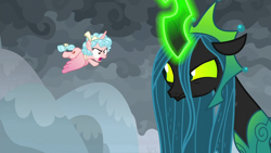 Size: 1920x1080 | Tagged: safe, imported from derpibooru, screencap, cozy glow, queen chrysalis, alicorn, changeling, changeling queen, pony, the ending of the end, alicornified, cozycorn, female, filly, glowing horn, horn, race swap, ultimate chrysalis