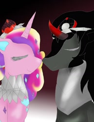Size: 1024x1326 | Tagged: safe, artist:creamecream, imported from derpibooru, king sombra, princess cadance, alicorn, pony, umbrum, unicorn, alternate character interpretation, alternate scenario, alternate universe, armor, bevor, boots, chestplate, clothes, colored horn, colt, corruptance, corrupted, corrupted cadance, criniere, croupiere, crown, crystal empire, crystals in hair, crystals on body, cuirass, curved horn, dark magic, dark queen, digital color, digitally colored, disembodied horn, evil cadance, fangs, fauld, female, foal, gorget, horn, infidelity, jewelry, magic, male, next generation, peytral, plackart, possessed, queen cadance, queen cadence, regalia, shipping, shoes, sombra eyes, sombra's cape, sombra's horn, sombra's robe, somdance, straight, tack, tiara, traditional art, tyrant cadance
