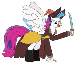 Size: 2934x2448 | Tagged: safe, artist:supahdonarudo, imported from derpibooru, queen novo, classical hippogriff, hippogriff, my little pony: the movie, boots, clothes, costume, halloween, halloween costume, hat, holiday, pirate, pirate hat, shoes, simple background, sword, transparent background, trenchcoat, weapon