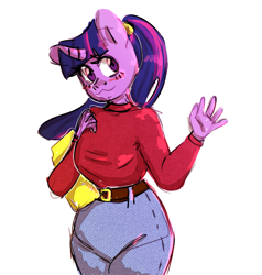 Size: 3805x4000 | Tagged: safe, artist:0blackster, artist:ranillopa, imported from derpibooru, twilight sparkle, anthro, unicorn, alternate hairstyle, blushing, clothes, simple background, solo, student, sweater, unicorn twilight, white background