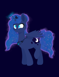 Size: 3478x4551 | Tagged: safe, artist:kotwitz, imported from derpibooru, princess luna, alicorn, pony, abstract background, alternate design, collar, crown, cutie mark, ethereal mane, happy birthday mlp:fim, jewelry, magic, mlp fim's tenth anniversary, raised hoof, regalia, solo, wings