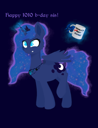 Size: 3478x4551 | Tagged: safe, alternate version, artist:kotwitz, imported from derpibooru, princess luna, alicorn, pony, abstract background, alternate design, birthday, collar, crown, cutie mark, ethereal mane, happy birthday mlp:fim, immortality blues, jewelry, magic, mlp fim's tenth anniversary, mug, raised hoof, regalia, ribbon, solo, wings