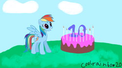 Size: 1920x1080 | Tagged: safe, artist:coolrainbow20, derpibooru exclusive, imported from derpibooru, rainbow dash, pegasus, pony, 10, birthday, cute, happy birthday mlp:fim, mlp fim's tenth anniversary, multicolored hair, smiling, solo, wings