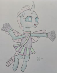 Size: 2617x3311 | Tagged: safe, artist:goldenflow, imported from derpibooru, ocellus, changedling, changeling, 2 4 6 greaaat, cheerleader, cheerleader ocellus, cheerleader outfit, clothes, colored pencil drawing, cute, diaocelles, female, pom pom, simple background, solo, traditional art, white background