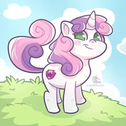 Size: 1024x1024 | Tagged: safe, artist:miksketched, imported from derpibooru, sweetie belle, pony, unicorn, cloud, cute, cutie mark, diasweetes, female, filly, grass, looking at you, no pupils, smiling, solo, the cmc's cutie marks