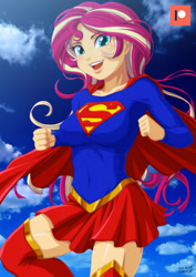 Size: 707x1000 | Tagged: safe, artist:uotapo, imported from derpibooru, sunset shimmer, equestria girls, boots, breasts, cape, clothes, costume, crossover, dc comics, female, gloves, looking at you, motorcross, open mouth, shoes, skirt, solo, supergirl, superhero, superman, zettai ryouiki