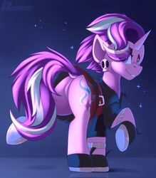Size: 1750x2000 | Tagged: safe, artist:shadowreindeer, imported from derpibooru, starlight glimmer, pony, unicorn, butt, dock, edgelight glimmer, eye clipping through hair, featureless crotch, female, gameloft interpretation, glimmer glutes, looking at you, looking back, looking back at you, mare, plot, punk, raised hoof, smiling, solo, technically an upskirt shot, upskirt
