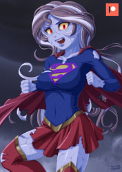 Size: 707x1000 | Tagged: safe, alternate version, artist:uotapo, imported from derpibooru, sunset shimmer, equestria girls, bizarro, breasts, cape, clothes, costume, crossover, dc comics, fangs, looking at you, open mouth, skirt, solo, supergirl, superhero, superman, torn clothes, zettai ryouiki