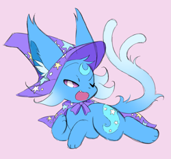 Size: 1041x965 | Tagged: safe, artist:moonphase249, imported from derpibooru, trixie, espeon, cape, clothes, colored sclera, crossover, female, hat, lying down, open mouth, pink background, pokefied, pokémon, simple background, solo, species swap, trixie's cape, trixie's hat