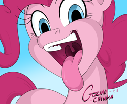 Size: 2750x2250 | Tagged: source needed, safe, artist:gizmochinasa, imported from derpibooru, pinkie pie, earth pony, pony, drool, drool string, esophagus, female, first person view, gullet, imminent licking, imminent vore, implied vore, mare, mawshot, missing cutie mark, offscreen character, open mouth, oral invitation, pinkie pred, pov, saliva puddle, salivating, slimy, solo, taste buds, tongue out, uvula