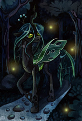 Size: 1562x2297 | Tagged: safe, artist:missopeho, imported from derpibooru, queen chrysalis, changeling, changeling queen, female, forest, night, solo