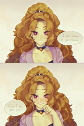 Size: 2308x3427 | Tagged: safe, artist:stummm, imported from derpibooru, adagio dazzle, equestria girls, adoragio, bedroom eyes, collar, comic, cute, cute little fangs, cutie mark accessory, fangs, female, implied lesbian, implied shipping, implied sunsagio, implied sunset shimmer, large voluminous hair, looking at you, pet play, smiling, solo, solo female, song reference, stupid sexy adagio dazzle, text
