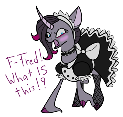 Size: 1448x1377 | Tagged: safe, artist:0xyr0, imported from derpibooru, oleander, classical unicorn, unicorn, them's fightin' herds, angry, blushing, clothes, cloven hooves, collar, community related, dress, embarrassed, female, fishnets, leonine tail, maid, mare, oleander (tfh), oleander is not amused, open mouth, raised hoof, simple background, solo, transparent background, unshorn fetlocks