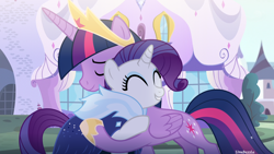 Size: 4444x2500 | Tagged: safe, artist:limedazzle, imported from derpibooru, rarity, twilight sparkle, alicorn, pony, unicorn, the last problem, ^^, alternate design, eyes closed, female, hug, mare, older, older rarity, older twilight, princess twilight 2.0, show accurate, twilight sparkle (alicorn)