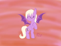 Size: 1280x960 | Tagged: safe, artist:cityflyer502, imported from derpibooru, oc, oc only, oc:pinkfull night, bat pony, pony, bat pony oc, bat wings, fangs, female, flying, hooves to the chest, solo, sunset, teenager, wings