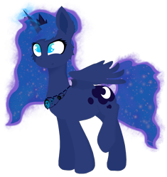 Size: 3108x3300 | Tagged: source needed, safe, artist:kotwitz, imported from derpibooru, princess luna, alicorn, pony, alternate design, collar, crown, cutie mark, ethereal mane, feathered wings, happy birthday mlp:fim, jewelry, magic, mlp fim's tenth anniversary, raised hoof, regalia, simple background, solo, spread wings, transparent background, wings